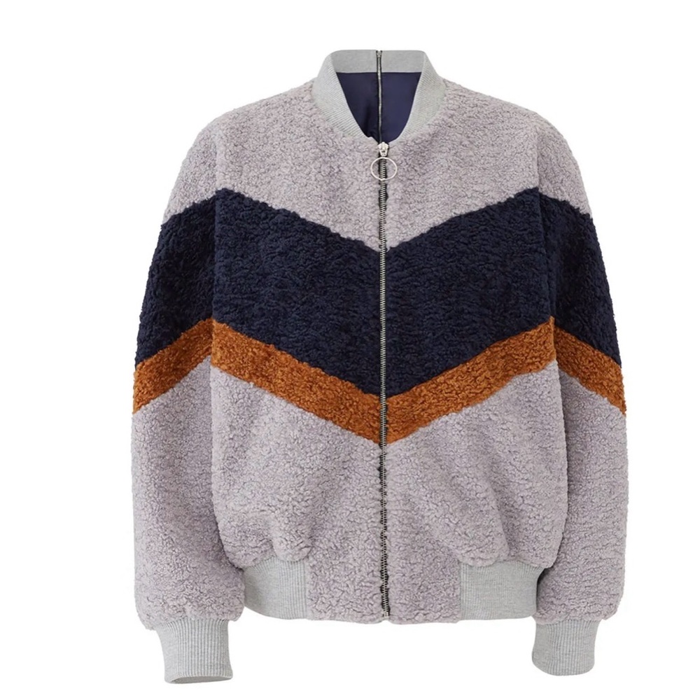 J.O.A. Sherpa Teddy Faux Fur Chevron Colorblock Jacket XS